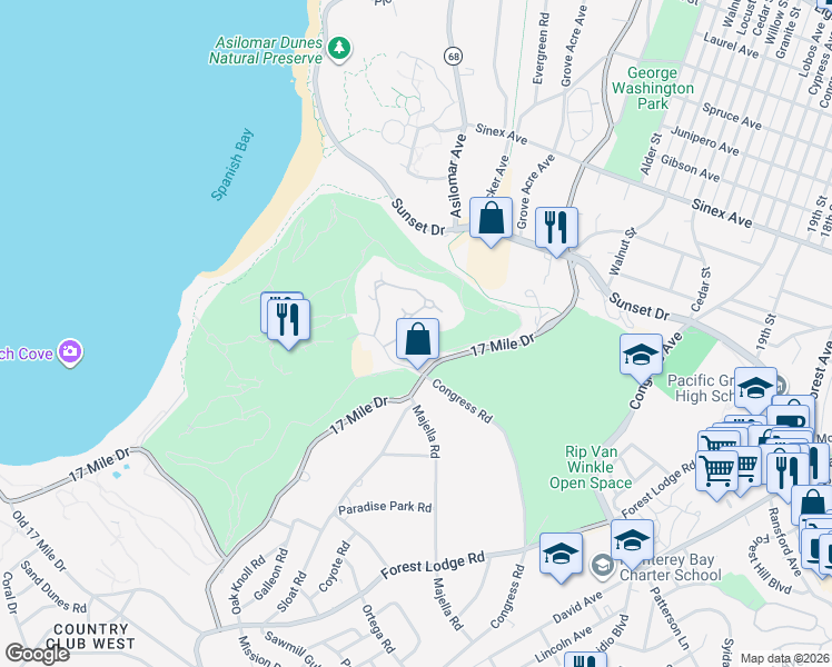 map of restaurants, bars, coffee shops, grocery stores, and more near 56 Spanish Bay Circle in Del Monte Forest