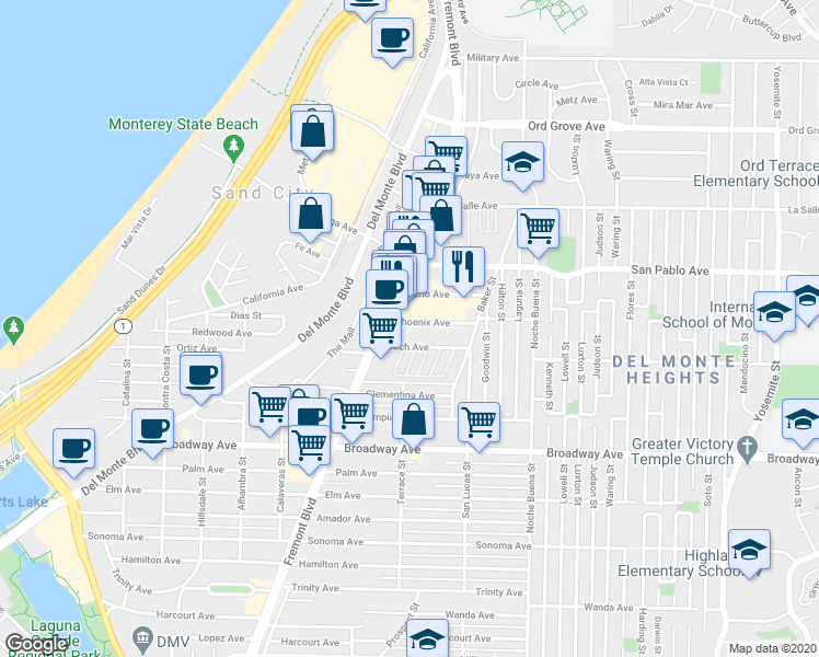 map of restaurants, bars, coffee shops, grocery stores, and more near 1760 Fremont Boulevard in Seaside