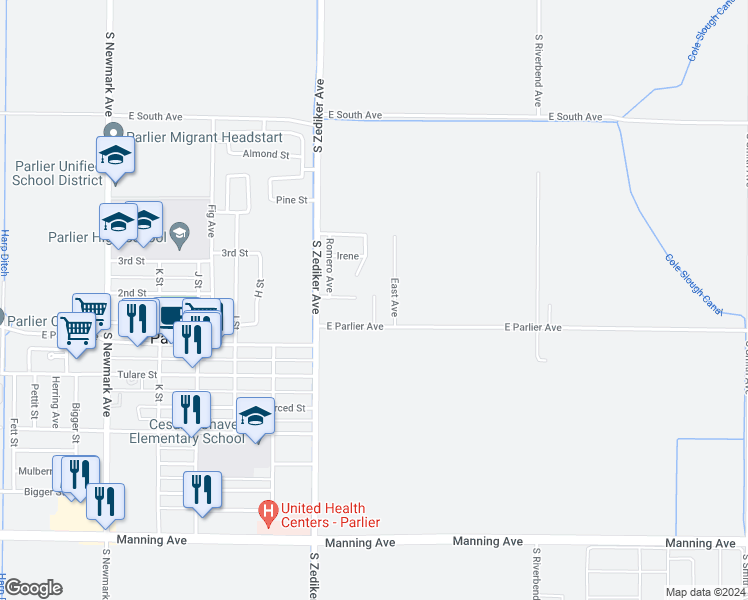 map of restaurants, bars, coffee shops, grocery stores, and more near 15124 E Parlier Ave in Parlier