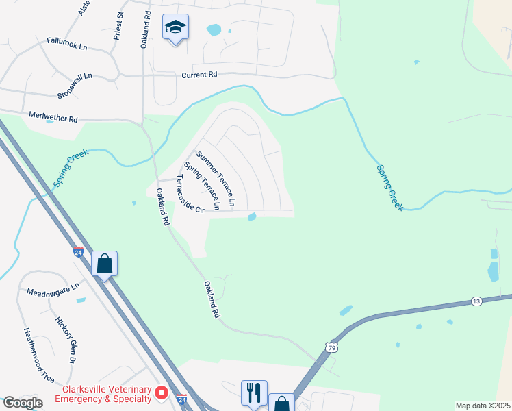 map of restaurants, bars, coffee shops, grocery stores, and more near 212 Autumn Terrace Lane in Clarksville