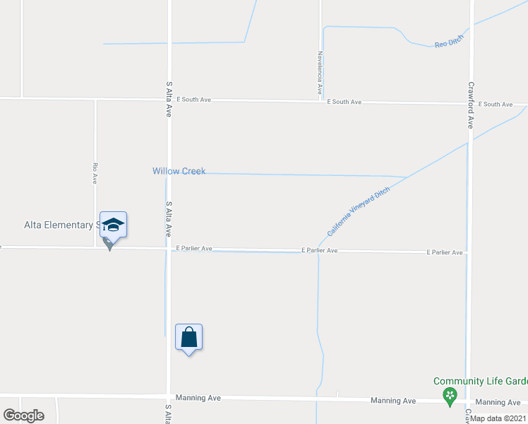 map of restaurants, bars, coffee shops, grocery stores, and more near 22304 East Parlier Avenue in Reedley