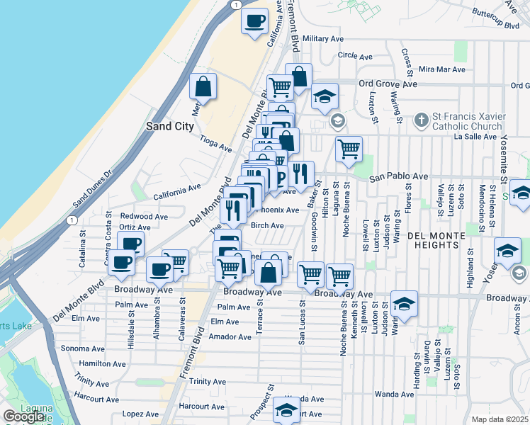 map of restaurants, bars, coffee shops, grocery stores, and more near 1760 Fremont Boulevard in Seaside