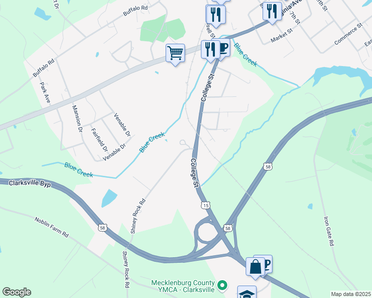 map of restaurants, bars, coffee shops, grocery stores, and more near 104 Shiney Rock Road in Clarksville