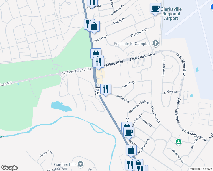 map of restaurants, bars, coffee shops, grocery stores, and more near 205 Senator Drive in Clarksville