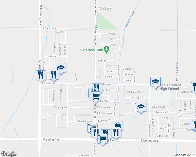 map of restaurants, bars, coffee shops, grocery stores, and more near 8312 South Mendocino Avenue in Parlier