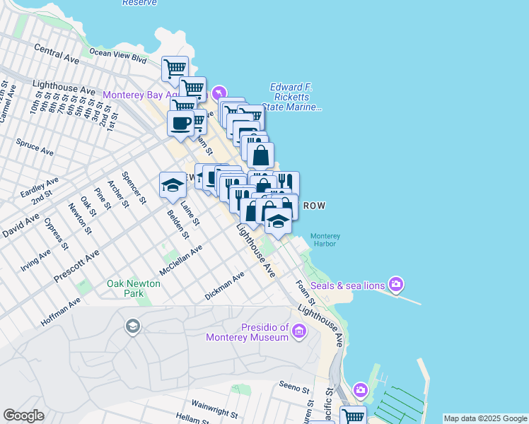 map of restaurants, bars, coffee shops, grocery stores, and more near 471 Wave Street in Monterey
