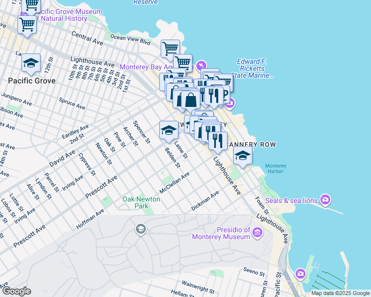 map of restaurants, bars, coffee shops, grocery stores, and more near 653 Lantern Lane in Monterey