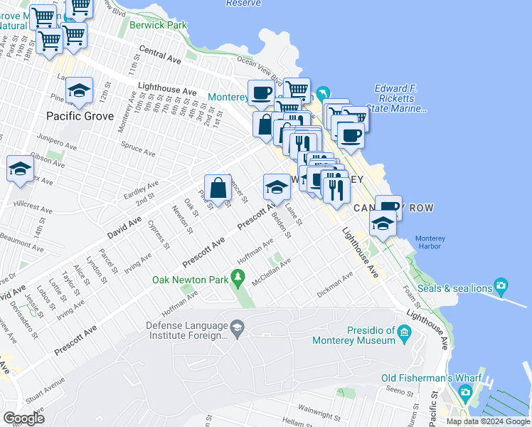 map of restaurants, bars, coffee shops, grocery stores, and more near 598 Prescott Avenue in Monterey