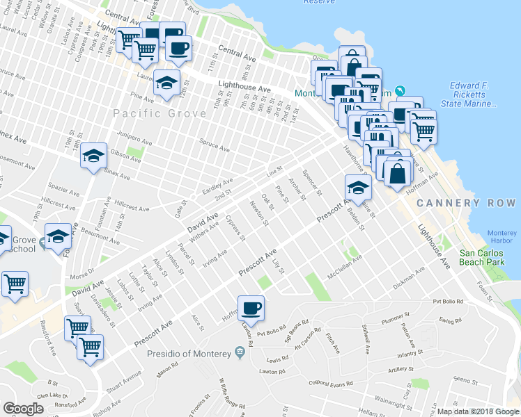 map of restaurants, bars, coffee shops, grocery stores, and more near 1099 David Avenue in Monterey