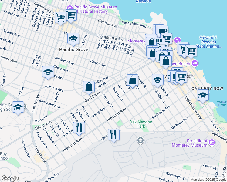 map of restaurants, bars, coffee shops, grocery stores, and more near 1099 David Avenue in Monterey