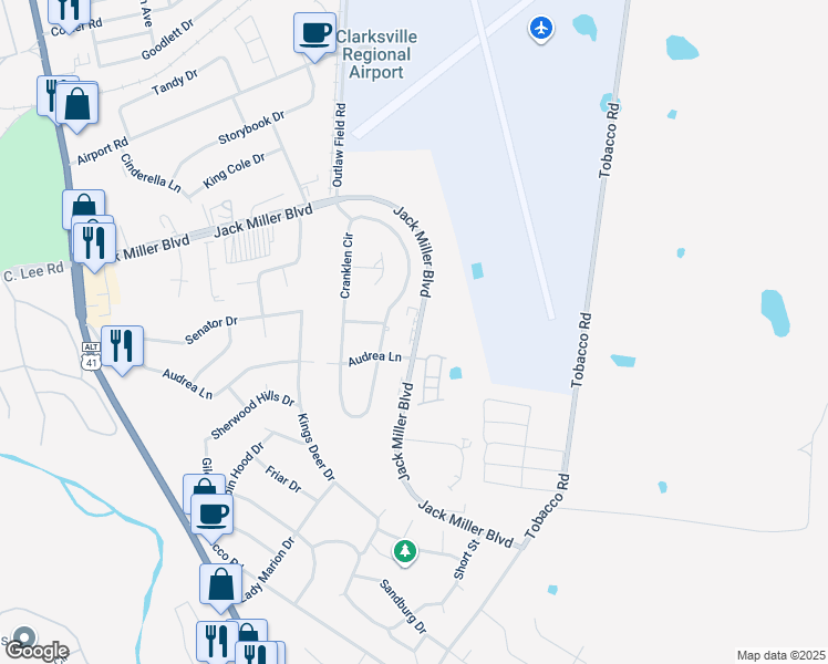 map of restaurants, bars, coffee shops, grocery stores, and more near 370 Jack Miller Boulevard in Clarksville