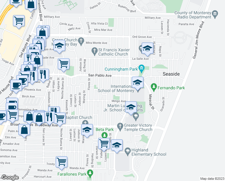 map of restaurants, bars, coffee shops, grocery stores, and more near 1740 Soto Street in Seaside