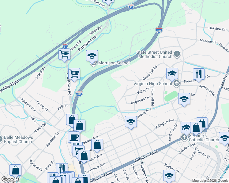 map of restaurants, bars, coffee shops, grocery stores, and more near 1229-1299 Piedmont Ave in Bristol