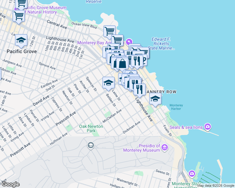 map of restaurants, bars, coffee shops, grocery stores, and more near 653 Lantern Lane in Monterey