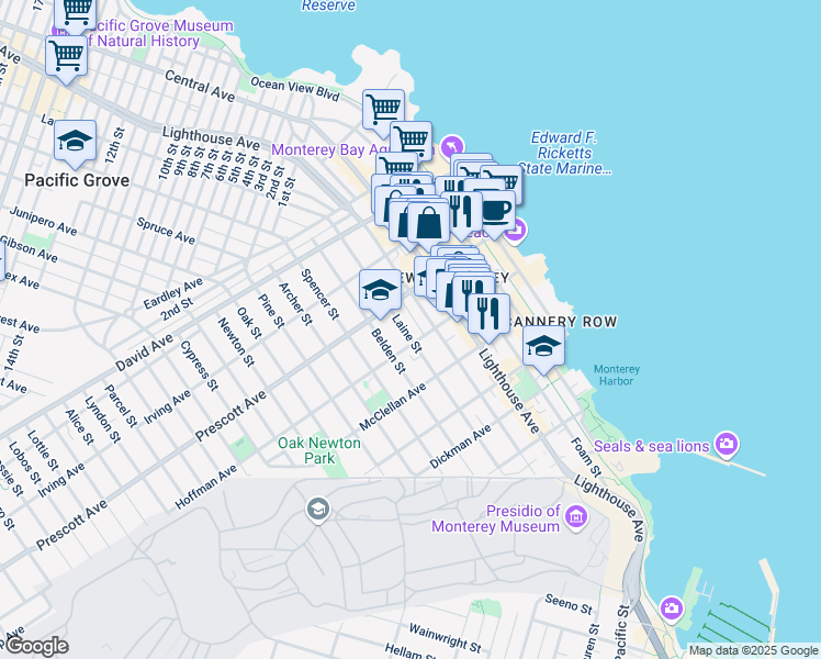 map of restaurants, bars, coffee shops, grocery stores, and more near 624 Laine Street in Monterey