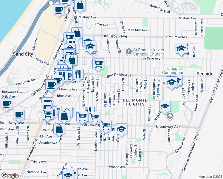 map of restaurants, bars, coffee shops, grocery stores, and more near 1738 Luxton Street in Seaside