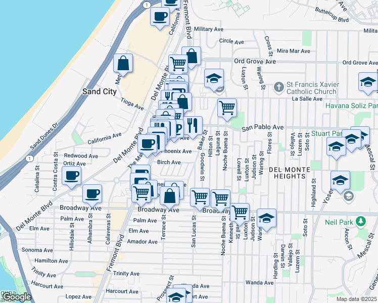 map of restaurants, bars, coffee shops, grocery stores, and more near Phoenix Avenue in Seaside