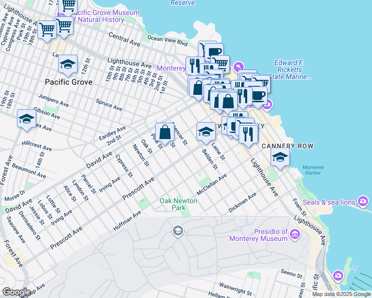 map of restaurants, bars, coffee shops, grocery stores, and more near 725 Spencer Street in Monterey