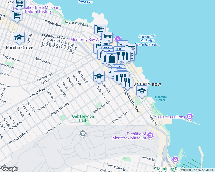 map of restaurants, bars, coffee shops, grocery stores, and more near 653 Lantern Lane in Monterey