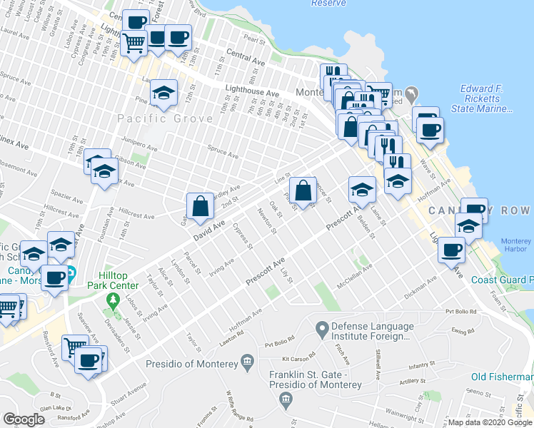 map of restaurants, bars, coffee shops, grocery stores, and more near 852 Newton Street in Monterey