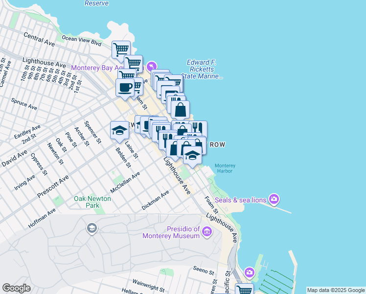 map of restaurants, bars, coffee shops, grocery stores, and more near 471 Wave Street in Monterey