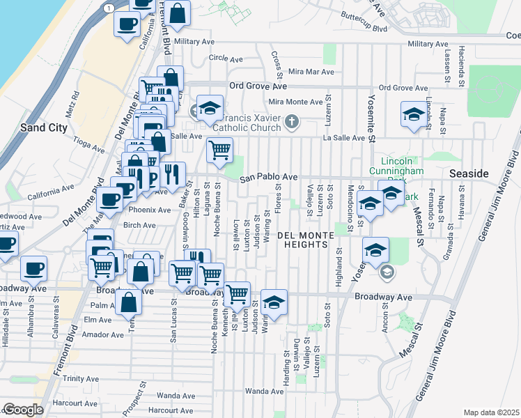 map of restaurants, bars, coffee shops, grocery stores, and more near 1740 Judson Street in Seaside