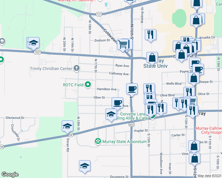 map of restaurants, bars, coffee shops, grocery stores, and more near 401 Kentucky Avenue in Murray