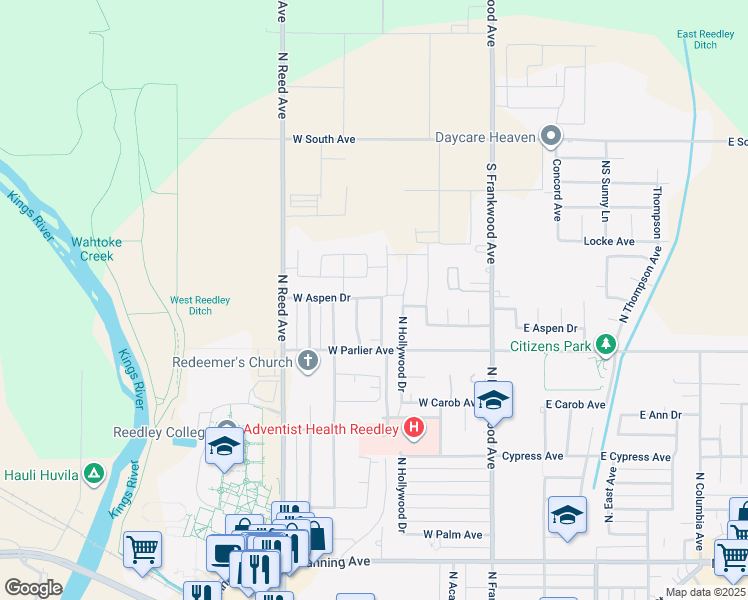 map of restaurants, bars, coffee shops, grocery stores, and more near 537 West Aspen Drive in Reedley