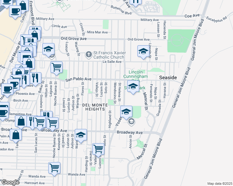 map of restaurants, bars, coffee shops, grocery stores, and more near 1752 Mendocino Street in Seaside