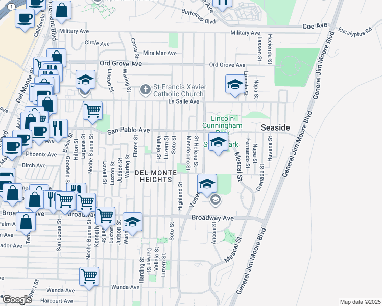 map of restaurants, bars, coffee shops, grocery stores, and more near 1752 Mendocino Street in Seaside