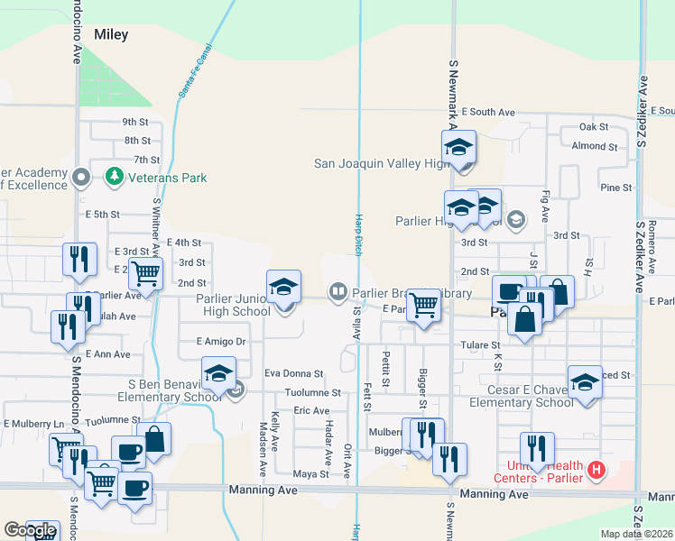 map of restaurants, bars, coffee shops, grocery stores, and more near 14100 East Parlier Avenue in Parlier