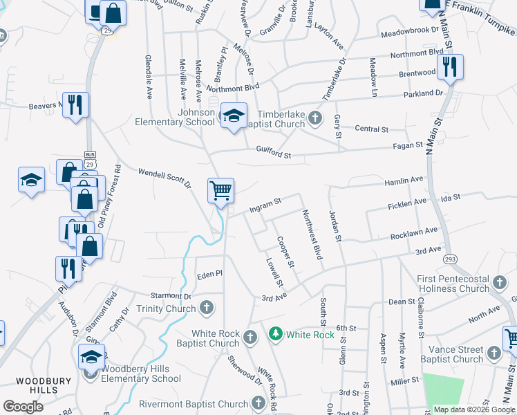 map of restaurants, bars, coffee shops, grocery stores, and more near 599 Ingram St in Danville