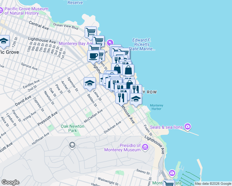 map of restaurants, bars, coffee shops, grocery stores, and more near 555 Foam Street in Monterey