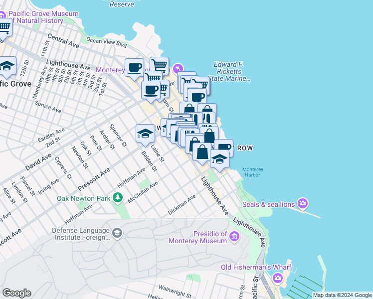 map of restaurants, bars, coffee shops, grocery stores, and more near 555 Foam Street in Monterey