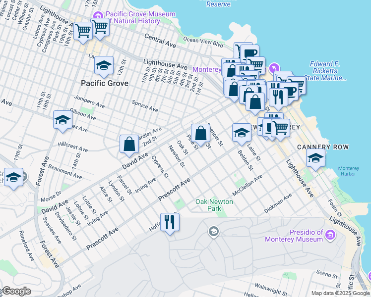 map of restaurants, bars, coffee shops, grocery stores, and more near 844 Oak Street in Monterey