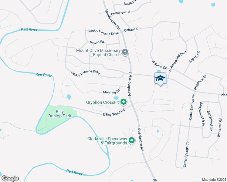 map of restaurants, bars, coffee shops, grocery stores, and more near 1716 Manning Drive in Clarksville
