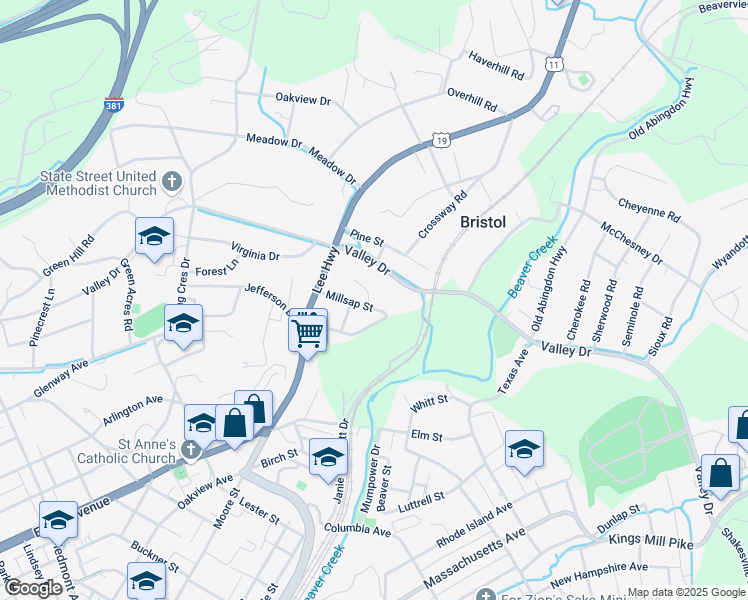 map of restaurants, bars, coffee shops, grocery stores, and more near 205 East Valley Drive in Bristol