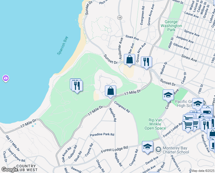 map of restaurants, bars, coffee shops, grocery stores, and more near Spanish Bay Circle in Del Monte Forest