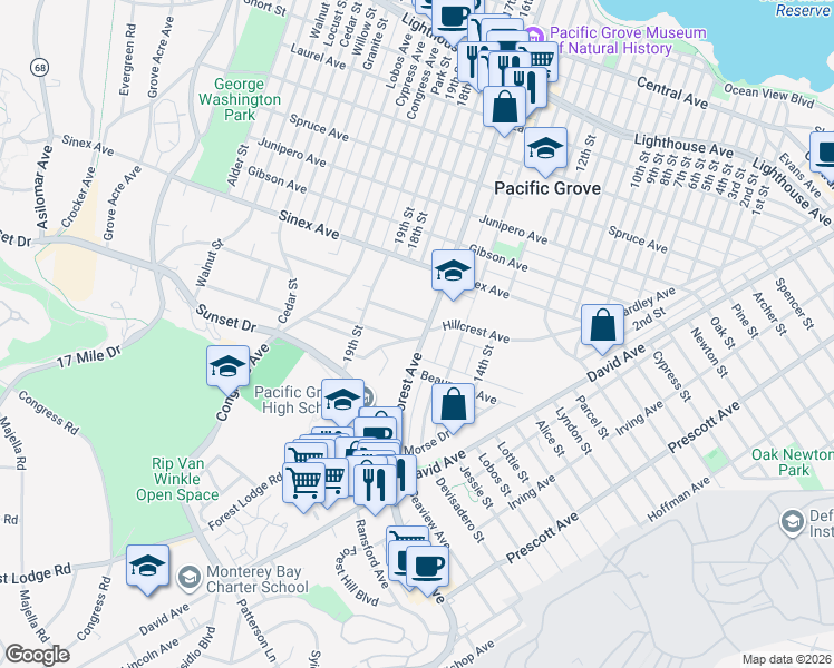 map of restaurants, bars, coffee shops, grocery stores, and more near 601 Spazier Avenue in Pacific Grove