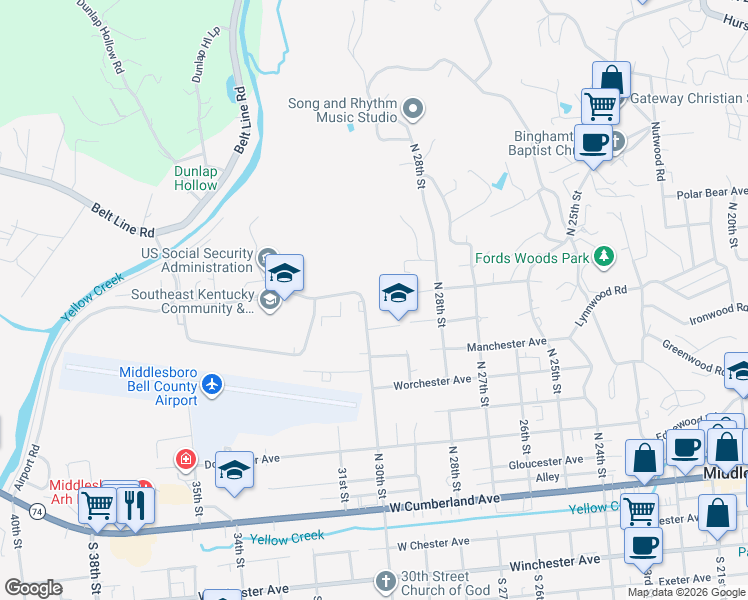 map of restaurants, bars, coffee shops, grocery stores, and more near 602-712 North Petersborough Avenue in Middlesboro
