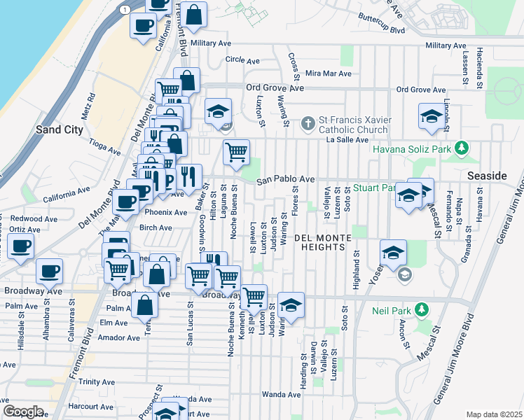 map of restaurants, bars, coffee shops, grocery stores, and more near 1745 Luxton Street in Seaside