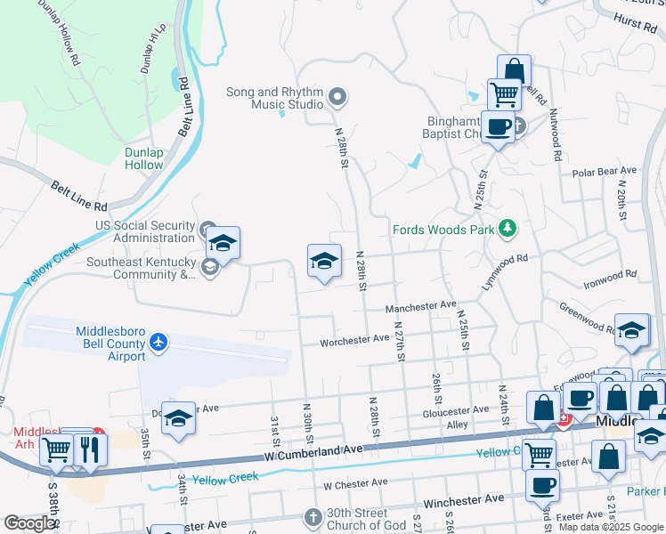 map of restaurants, bars, coffee shops, grocery stores, and more near 900-910 Cirencester Avenue in Middlesboro