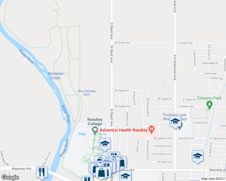 map of restaurants, bars, coffee shops, grocery stores, and more near 876 West Aspen Drive in Reedley