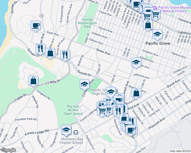 map of restaurants, bars, coffee shops, grocery stores, and more near Sunset Drive & Congress Avenue in Monterey County
