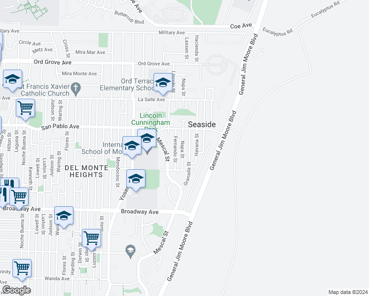 map of restaurants, bars, coffee shops, grocery stores, and more near 1758 Napa Street in Seaside