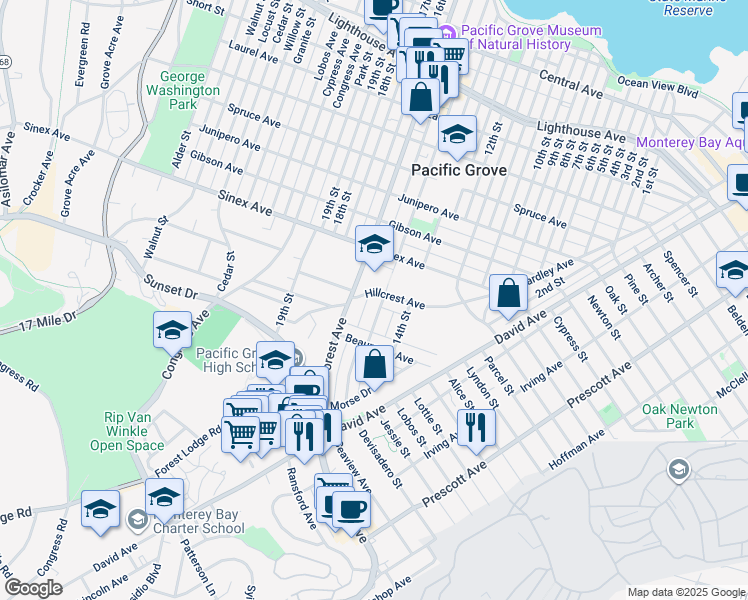 map of restaurants, bars, coffee shops, grocery stores, and more near 549 Hillcrest Avenue in Pacific Grove