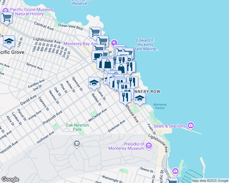 map of restaurants, bars, coffee shops, grocery stores, and more near 591 Lighthouse Avenue in Monterey