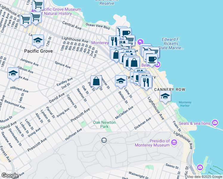 map of restaurants, bars, coffee shops, grocery stores, and more near 764 Spencer Street in Monterey