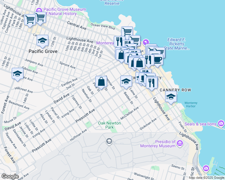 map of restaurants, bars, coffee shops, grocery stores, and more near 764 Spencer Street in Monterey