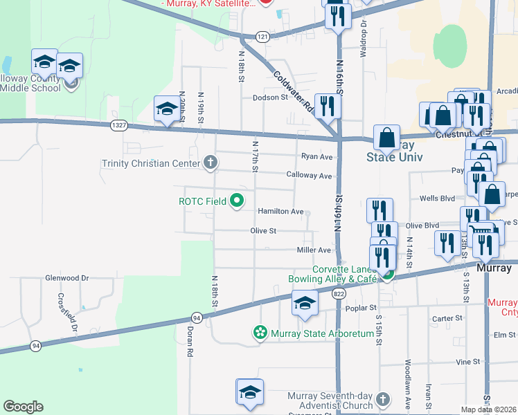 map of restaurants, bars, coffee shops, grocery stores, and more near 1808 Monroe Street in Murray